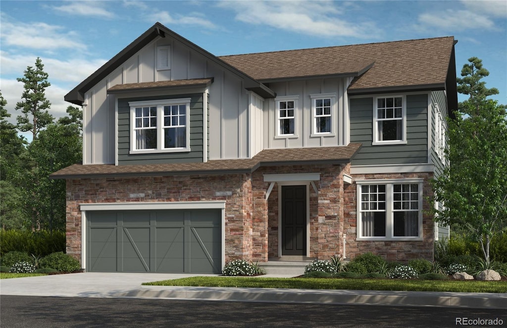 15456 Krameria St, Thornton, CO 80602 - view of front of property featuring a garage, board and batten siding, and stone siding