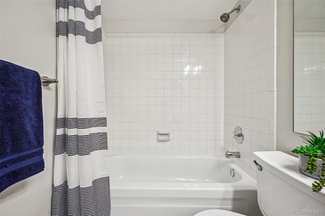 full bath with shower / bathtub combination with curtain and toilet