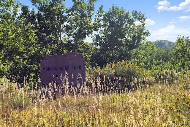 community / neighborhood sign with a forest view