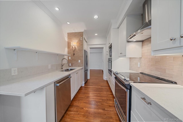 300 Hudson St Unit 203, Denver, CO 80220 - kitchen with wall chimney range hood, stainless steel appliances, ornamental molding, white cabinets, and backsplash