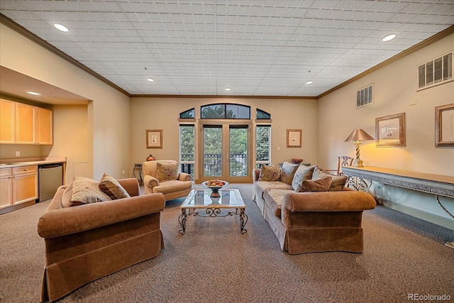 300 Hudson St Unit 203, Denver, CO 80220 - living room with carpet flooring, crown molding, recessed lighting, and bar