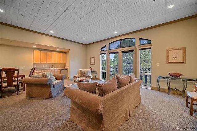 300 Hudson St Unit 203, Denver, CO 80220 - living area featuring light carpet, crown molding, and recessed lighting