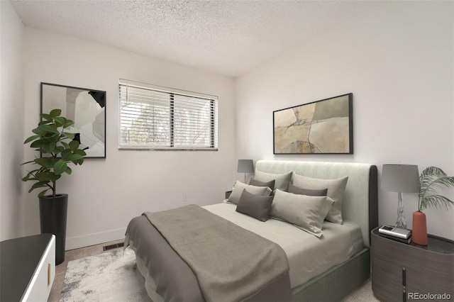 bedroom featuring a textured ceiling, baseboards, and light colored carpet