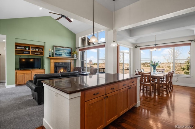 kitchen featuring a premium fireplace, dark wood-style floors, open floor plan, and high vaulted ceiling
