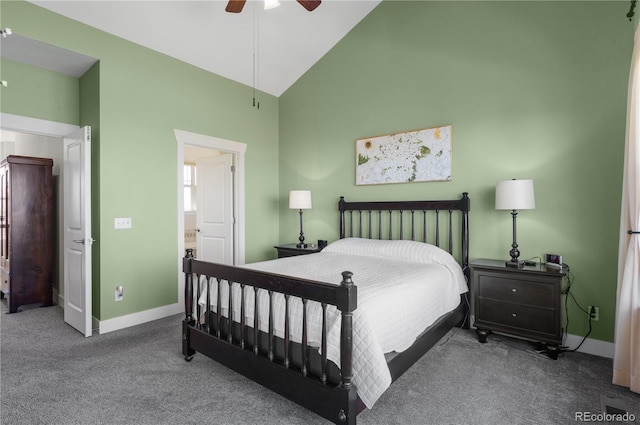 bedroom featuring high vaulted ceiling, carpet floors, baseboards, and ceiling fan