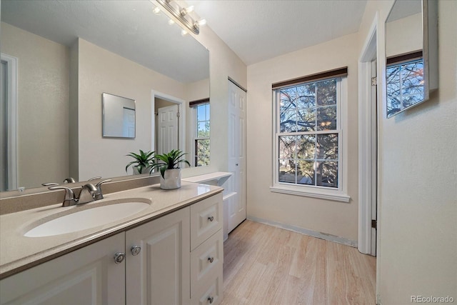 bathroom with vanity, baseboards, and wood finished floors