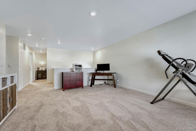 carpeted office with recessed lighting, visible vents, and baseboards