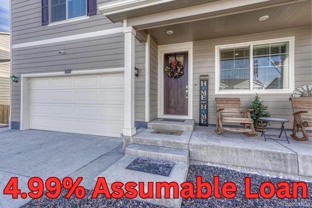 property entrance with a porch, concrete driveway, and an attached garage