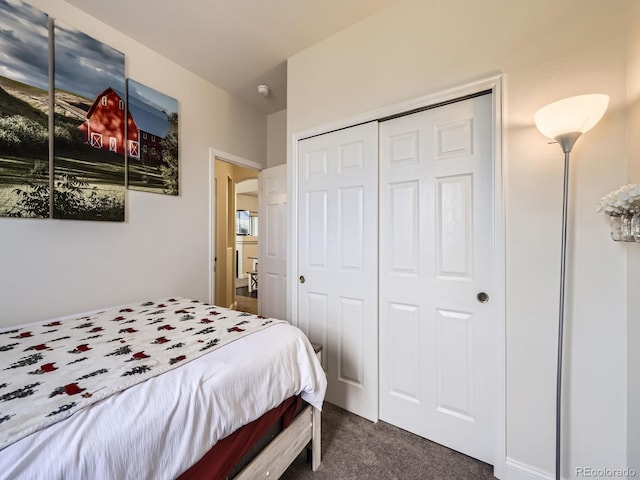 bedroom featuring a closet and dark carpet