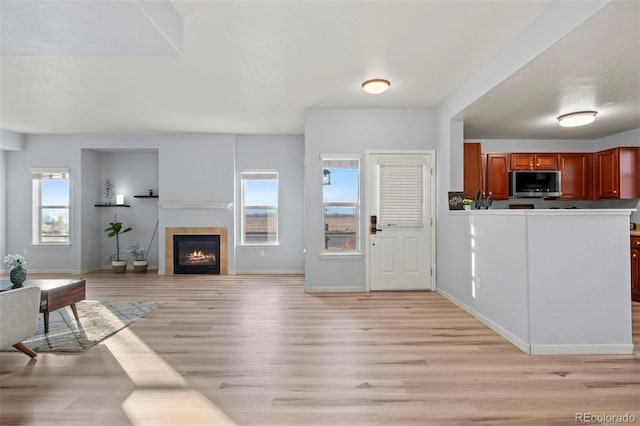 kitchen featuring a fireplace and light hardwood / wood-style flooring