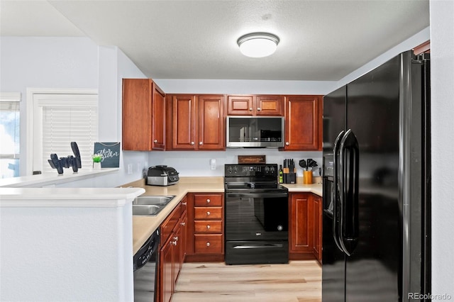 kitchen featuring sink, a textured ceiling, light wood-type flooring, and black appliances