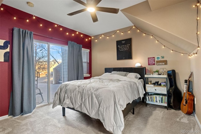 carpeted bedroom featuring access to exterior and ceiling fan