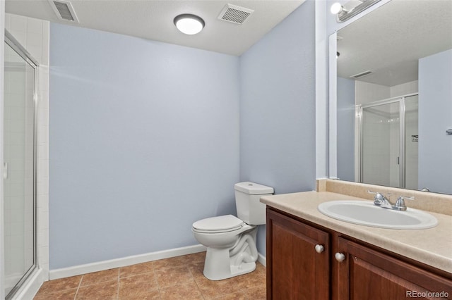 bathroom with tile patterned flooring, vanity, toilet, and an enclosed shower