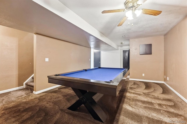 1115 Cherry Ct, Fort Lupton, CO 80621 - playroom with carpet floors, pool table, a ceiling fan, and a textured wall