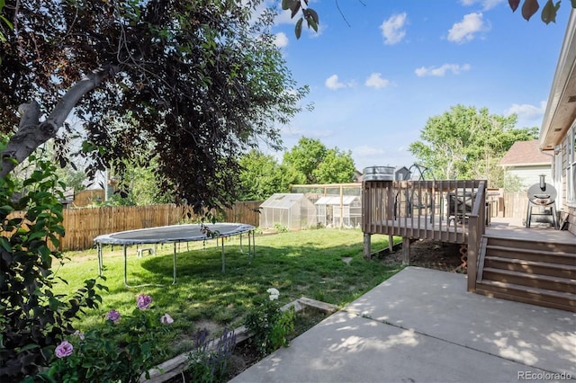 1115 Cherry Ct, Fort Lupton, CO 80621 - fenced backyard featuring a greenhouse, an outdoor structure, a deck, and a patio area