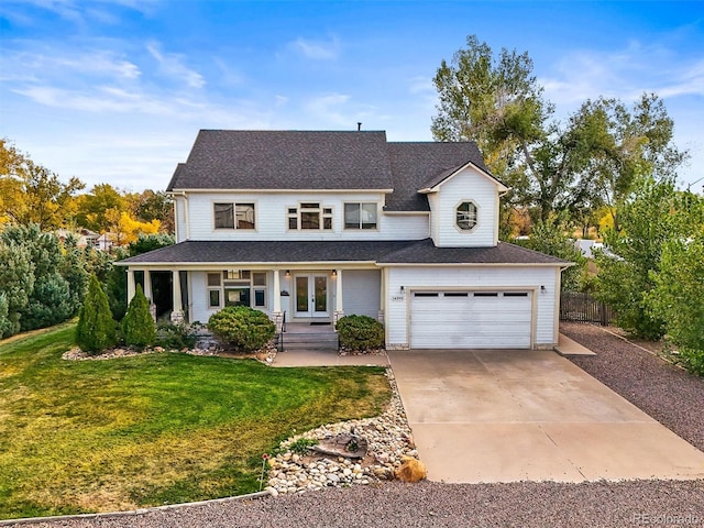 view of front of house with covered porch, a front yard, and a garage