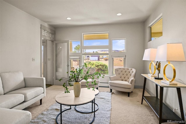 living room with light carpet and a baseboard radiator