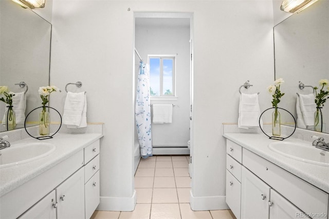 full bathroom with vanity, baseboard heating, toilet, and tile patterned flooring