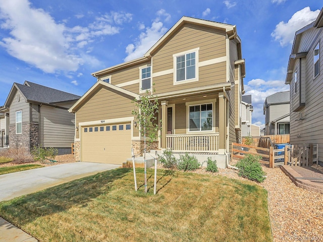 9844 Truckee St, Commerce City, CO 80022 - craftsman-style house featuring a front lawn, driveway, covered porch, an attached garage, and fence