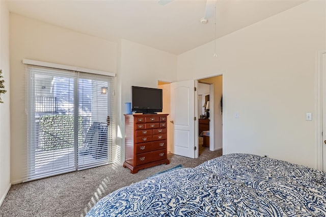 bedroom featuring carpet flooring, ceiling fan, and access to outside