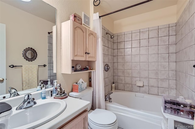 full bathroom with vanity, toilet, and shower / bathtub combination with curtain