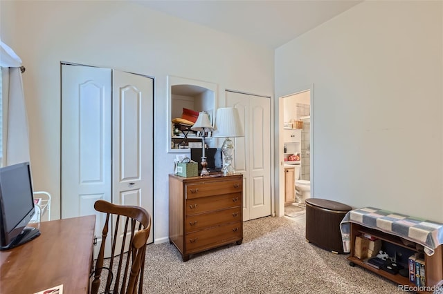 interior space featuring light colored carpet