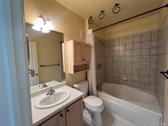 full bath with vanity, visible vents, toilet, shower / bath combo, and a textured wall