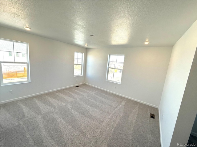 unfurnished room with a textured ceiling and carpet