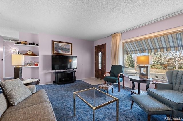 living room featuring carpet flooring and a textured ceiling