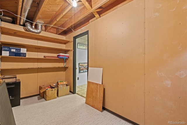 basement featuring light colored carpet