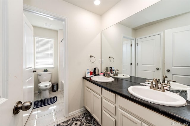 full bathroom with toilet, tile patterned flooring, visible vents, and a sink