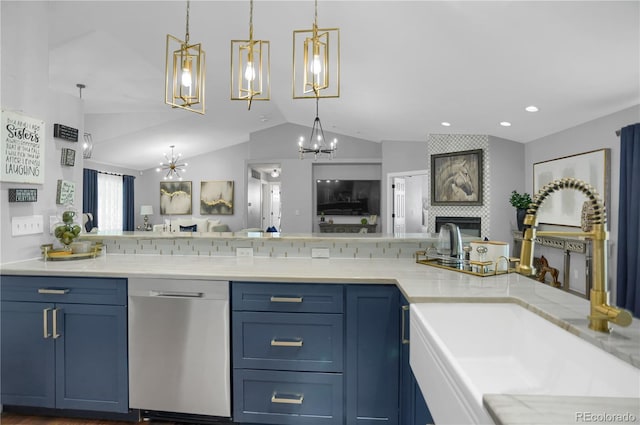 kitchen with tasteful backsplash, vaulted ceiling, sink, pendant lighting, and dishwasher