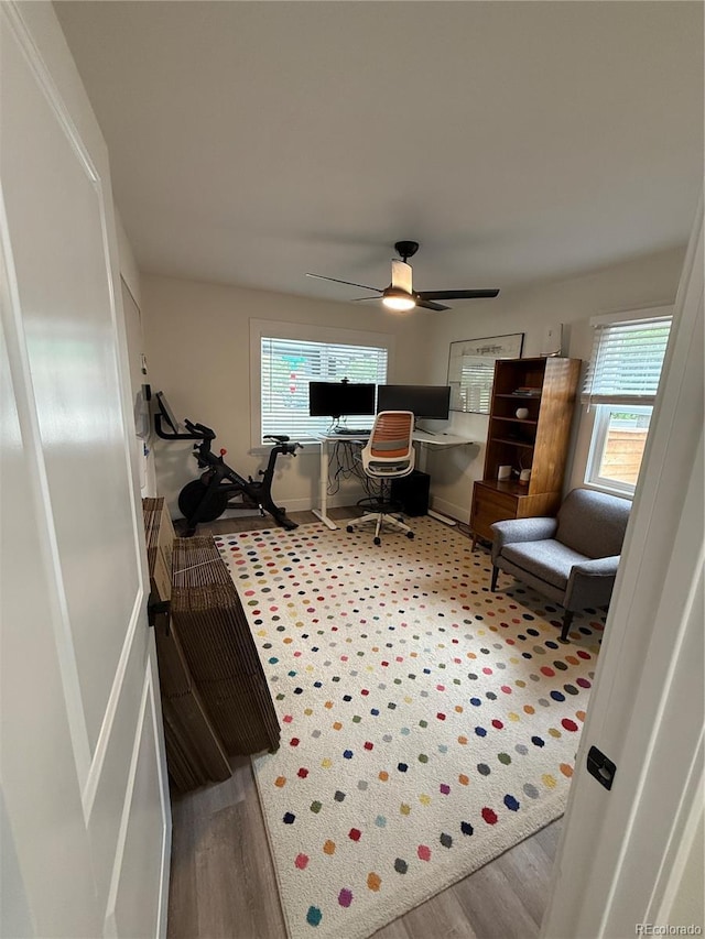 1694 Xanthia St, Denver, CO 80220 - office area featuring healthy amount of natural light, ceiling fan, light wood finished floors, and baseboards