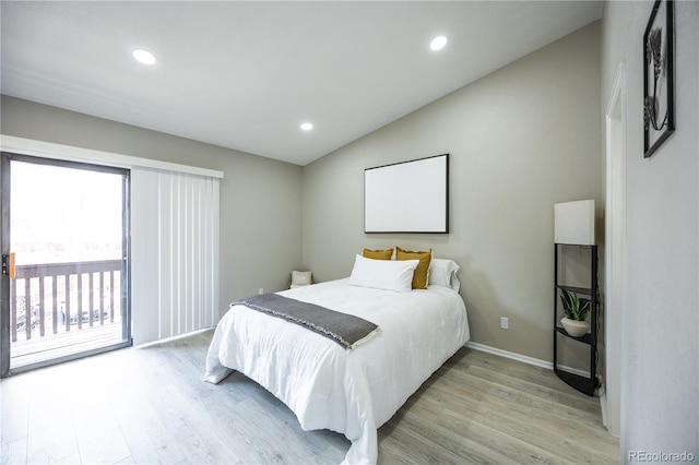 bedroom featuring access to exterior, baseboards, lofted ceiling, recessed lighting, and light wood-style flooring