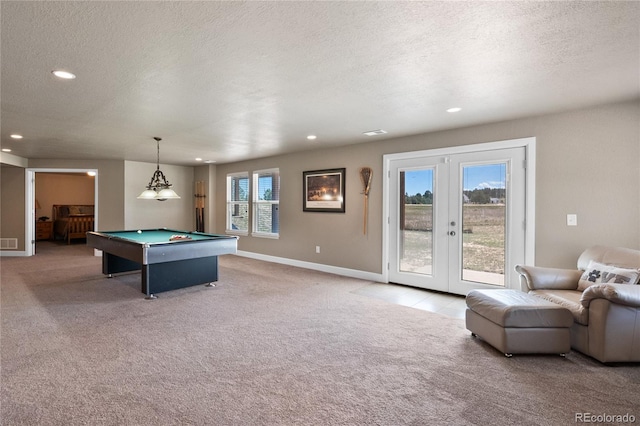 playroom with french doors, billiards, light carpet, and a wealth of natural light