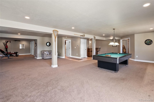 rec room featuring billiards, a textured ceiling, and carpet