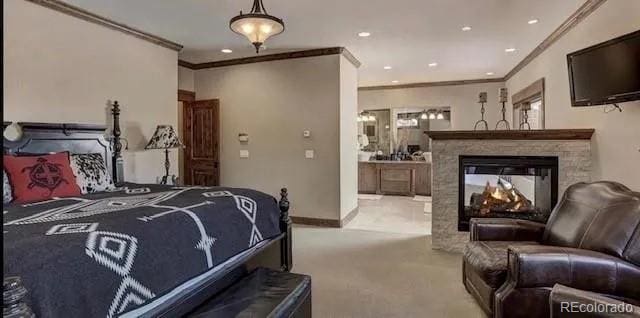59 Club House Road 1/2Quarter Share D, Breckenridge, CO 80424 - carpeted bedroom featuring crown molding, recessed lighting, and a multi sided fireplace