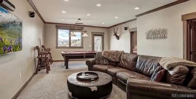 59 Club House Road 1/2Quarter Share D, Breckenridge, CO 80424 - carpeted living area with crown molding, billiards table, and recessed lighting