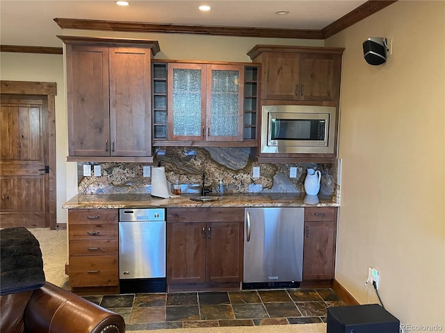 59 Club House Road 1/2Quarter Share D, Breckenridge, CO 80424 - kitchen featuring stainless steel microwave, ornamental molding, backsplash, fridge, and stone countertops