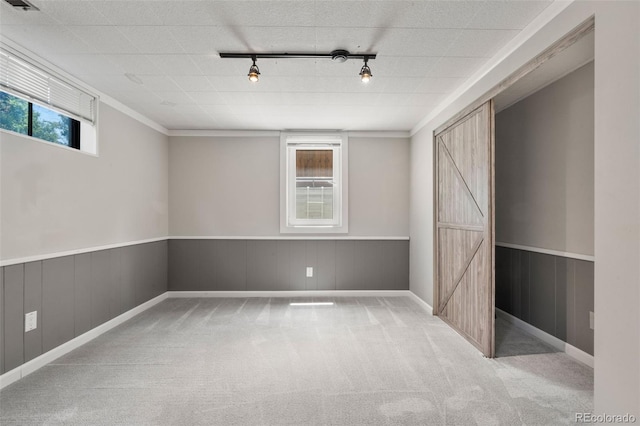 2963 S Vrain St, Denver, CO 80236 - empty room featuring rail lighting, carpet, a wainscoted wall, and ornamental molding