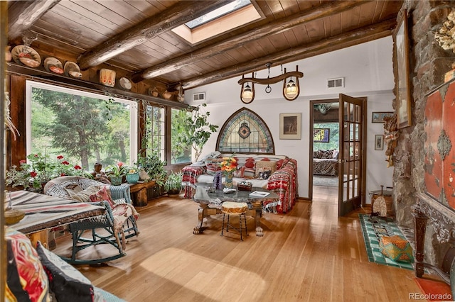 5975 Wellington Rd, Cascade, CO 80809 - living room with wood ceiling, a skylight, and wood finished floors