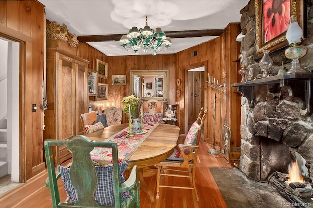 5975 Wellington Rd, Cascade, CO 80809 - dining room featuring wood walls, a chandelier, wood finished floors, and beam ceiling