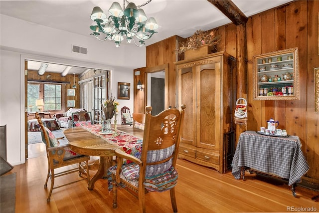 5975 Wellington Rd, Cascade, CO 80809 - dining room featuring light wood-style floors, beamed ceiling, wooden walls, and a chandelier
