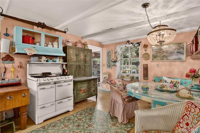 5975 Wellington Rd, Cascade, CO 80809 - kitchen featuring range with two ovens, beam ceiling, green cabinetry, light tile patterned flooring, and open shelves