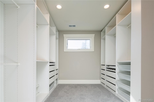 spacious closet with light colored carpet