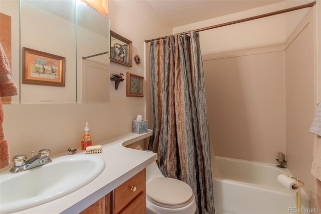 full bathroom featuring shower / bath combination with curtain, vanity, and toilet