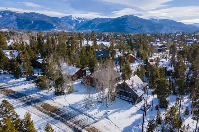 snowy aerial view with a mountain view