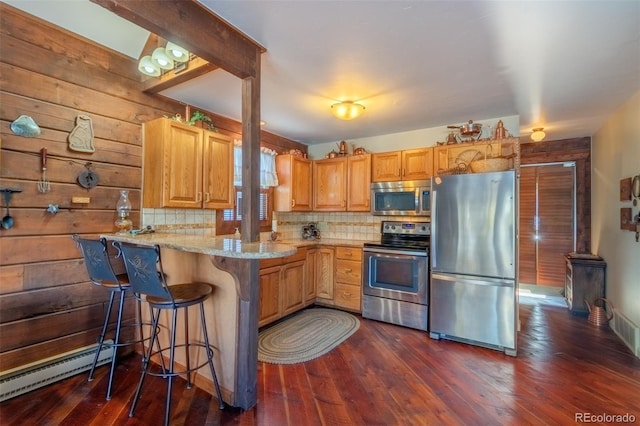 kitchen featuring dark wood-type flooring, baseboard heating, kitchen peninsula, wood walls, and appliances with stainless steel finishes