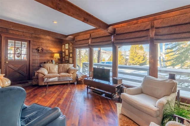 living room featuring a healthy amount of sunlight, dark hardwood / wood-style flooring, and beam ceiling