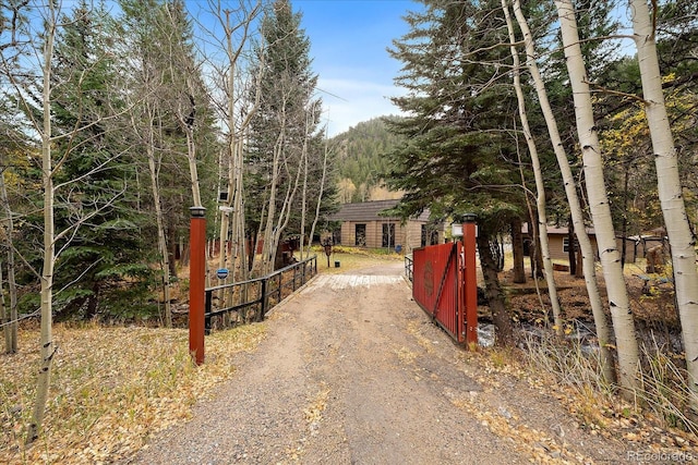 view of road featuring dirt driveway, a gate, and a gated entry